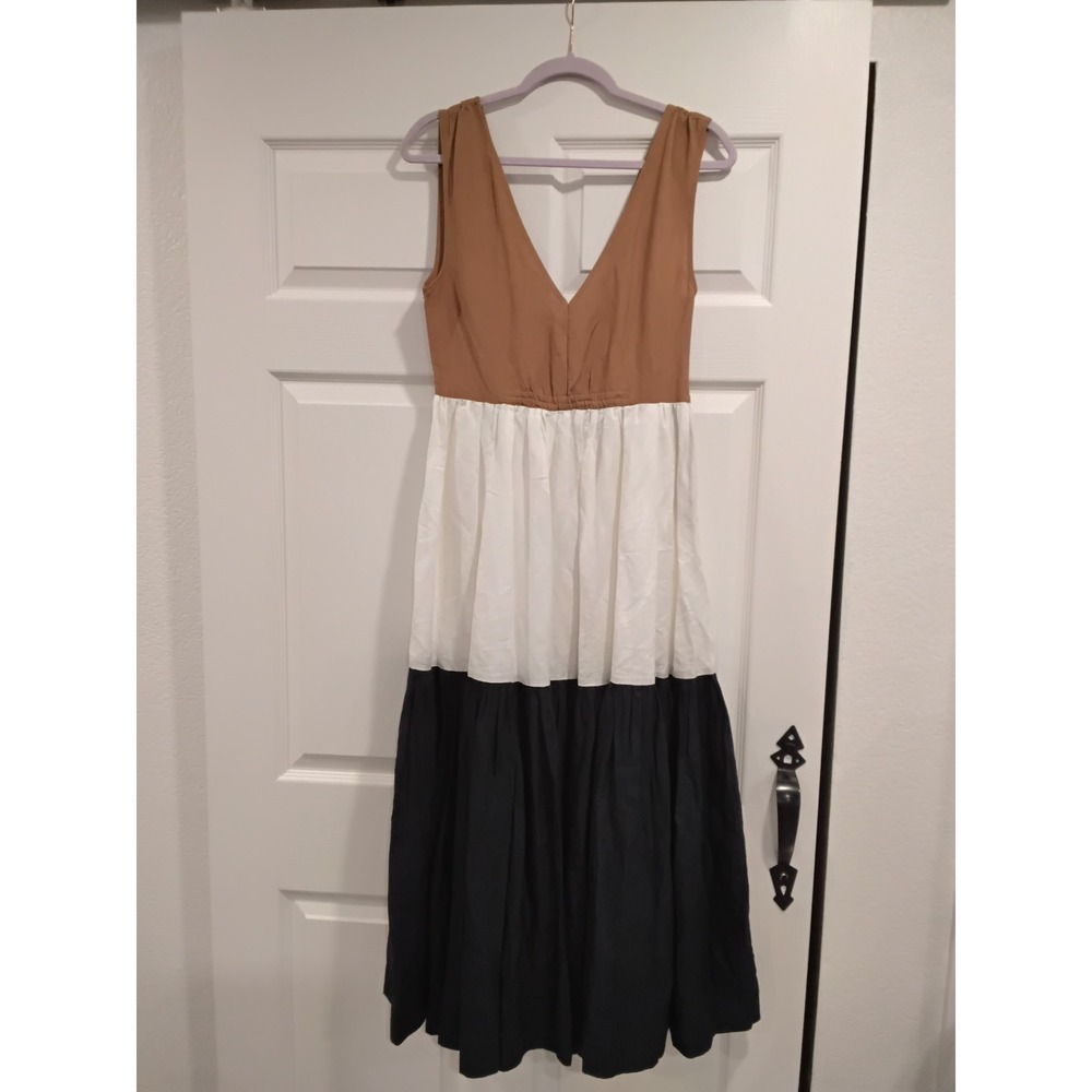 En Saison Colorblock Maxi Dress V Neck Tie Shoulder Tan White Black S